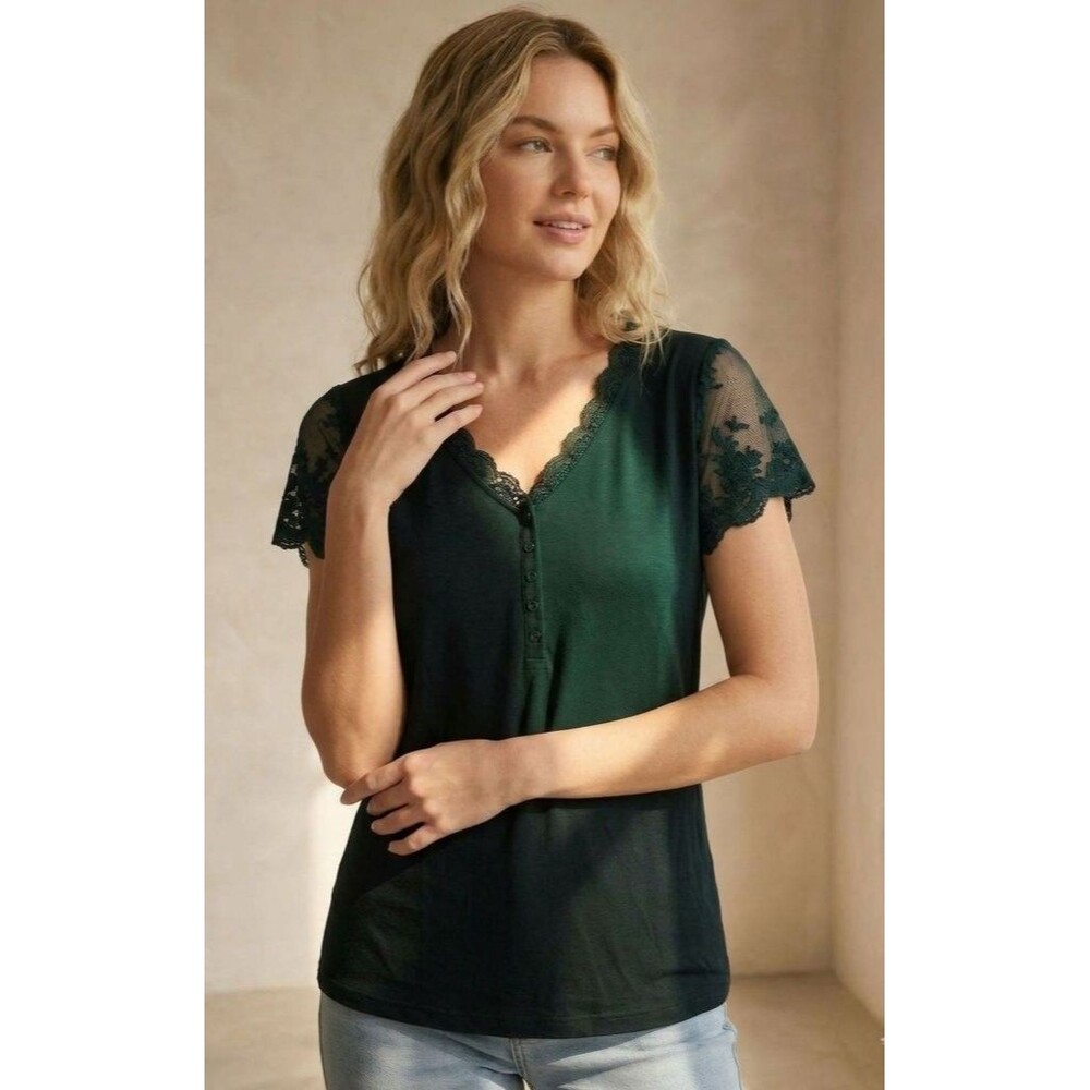 Kohl's Women's Lace Sleeve Green Top- M